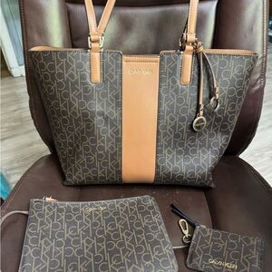 Calvin Klein Signature Brown and Tan Tote Bag Set